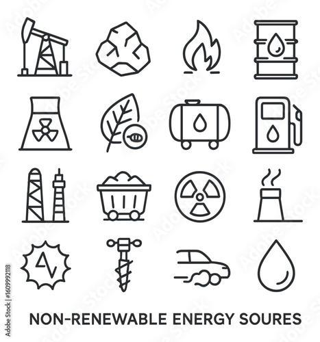 Icons representing various non-renewable energy sources and elements