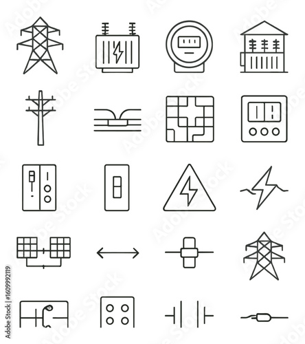 Electrical icon set featuring diverse symbols and circuit designs