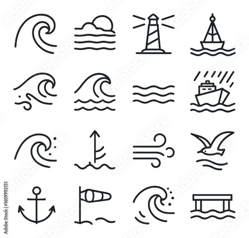 Nautical icons: waves, lighthouse, buoy, ship, anchor, wind, seagull, dock symbols