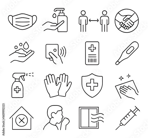 Health and safety icons: mask, sanitizer, social distancing, handwashing, thermometer