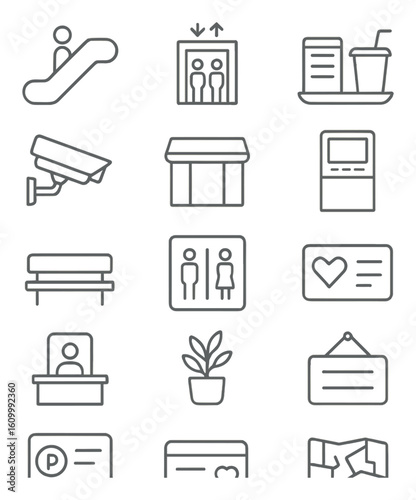 Set of shopping mall icons including escalator, elevator, and food court symbols