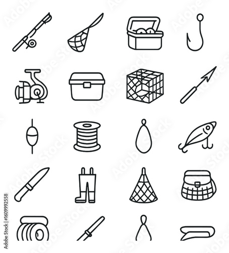 Fishing equipment icons set: rods, reels, hooks, net, lures, tackle box