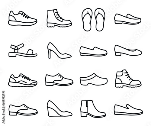 Various shoe outlines on gray background featuring different styles and footwear types