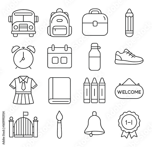 Back to school icon set: backpack, bus, clock, supplies, uniform, award
