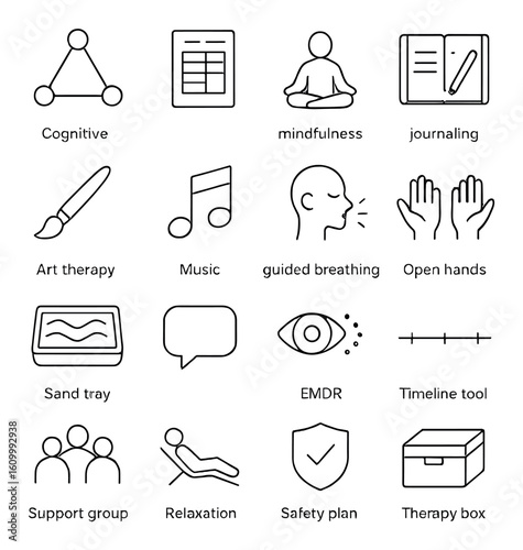Therapeutic icons: mindfulness, journaling, art, music, emdr, breathing, relaxation tools