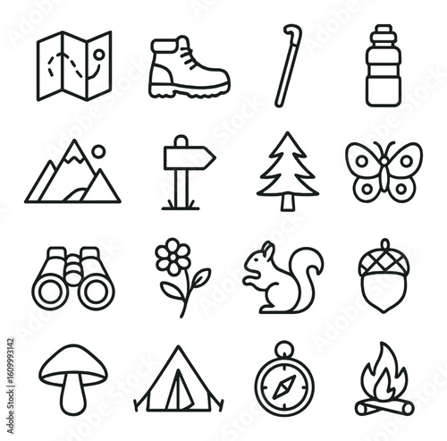 Outdoor adventure icons: hiking, camping, and nature elements in black outline