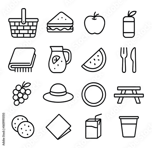 Picnic icons set: basket, sandwich, fruit, drink, blanket, tableware, hat