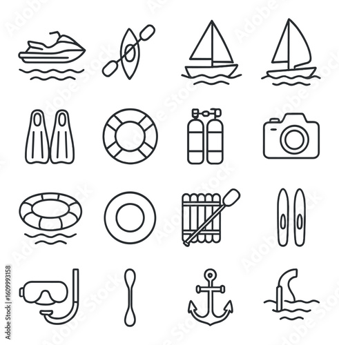 Nautical icon set featuring boats, paddles, diving gear, life buoy, camera, and anchor