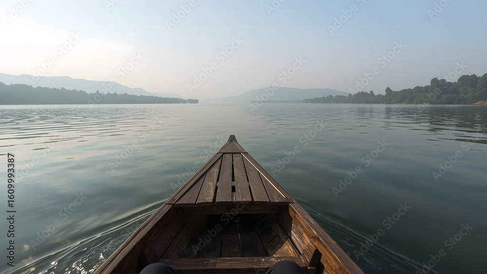 Fototapeta premium A wooden boat glides through calm water towards distant misty mountains.