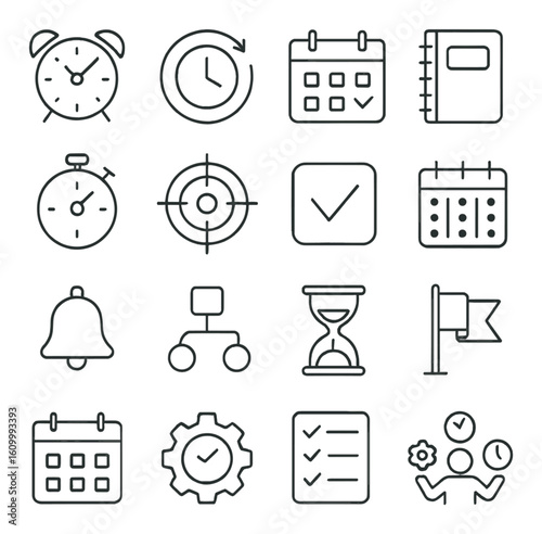 Time management and scheduling icons: calendar, clock, checklist, hourglass, bell