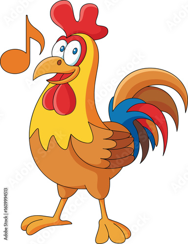 Cartoon rooster singing on farm, vibrant feathers, musical notes in air, cheerful animal character, fun poultry illustration for children