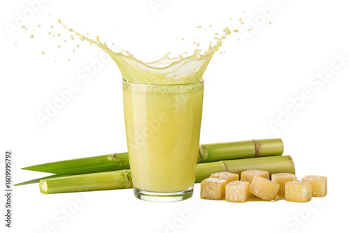 Refreshing sugarcane juice splash in a glass surrounded by raw sugarcane stalks and cubes, capturing natural sweetness and vitality.