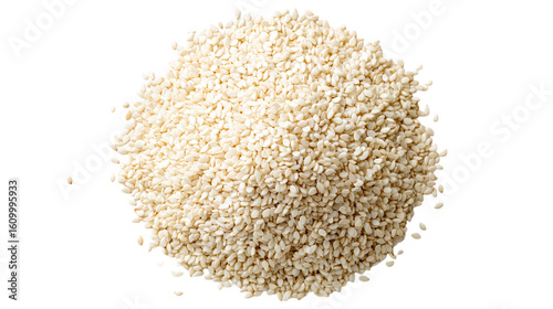 White sesame seeds pile, top view food element, isolated on transparent background 