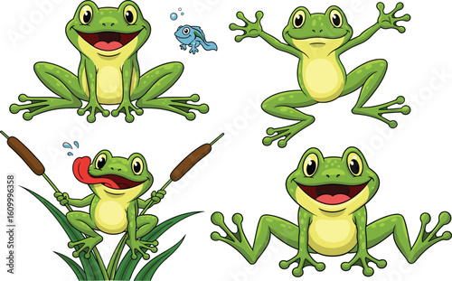 Funny cartoon frogs in nature setting, fishing, posing with cattails, playful amphibian characters for children’s illustration, educational and creative design