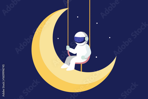 Astronaut swings on a crescent moon in the starry night sky