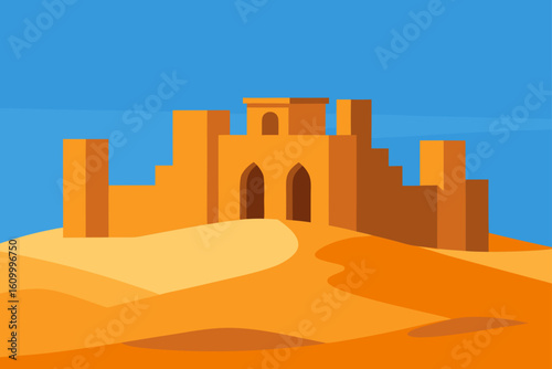 Desert fortress amidst rolling sand dunes under a clear blue sky