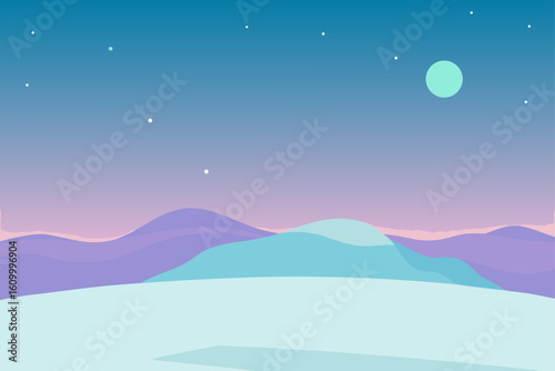 Minimalist landscape with pastel hues and starry sky