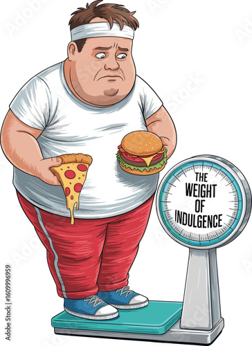 Overweight cartoon person holding pizza and burger, standing on scale, unhealthy eating habits, obesity risk, diet consequences, food addiction illustration