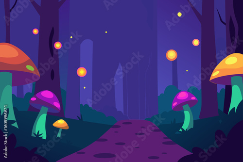 Enchanted forest path with glowing mushrooms and fireflies