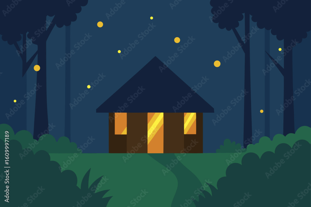 Fototapeta premium Cozy cabin in the woods at night with fireflies