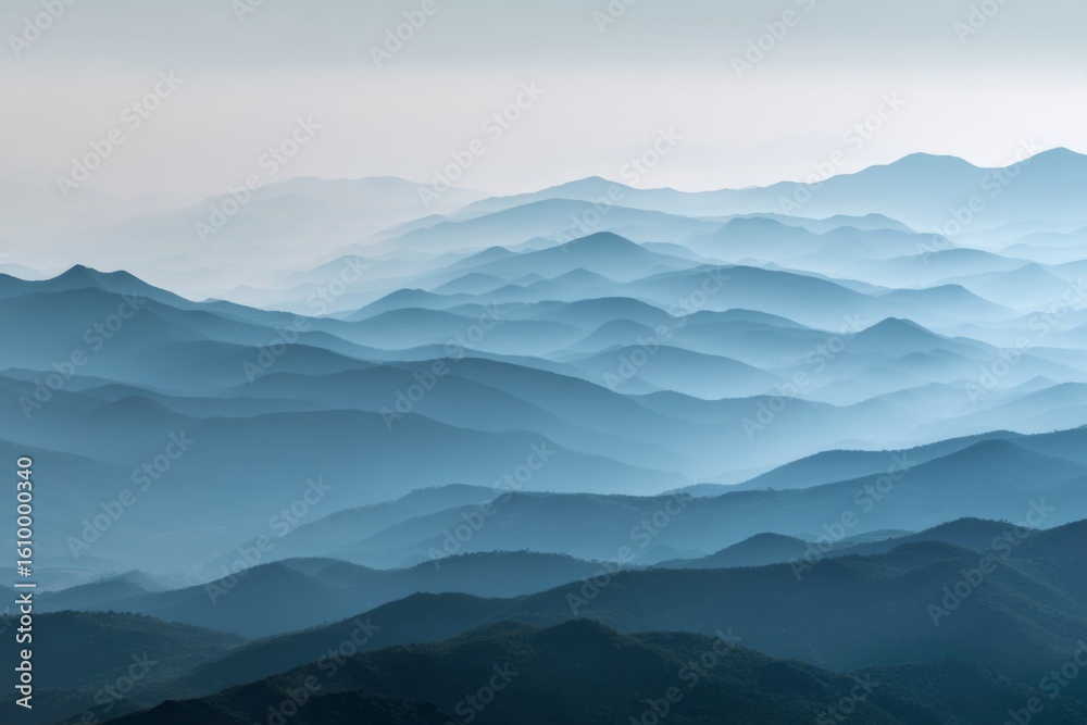 Fototapeta premium Misty blue mountain layers under morning fog creating a serene landscape.