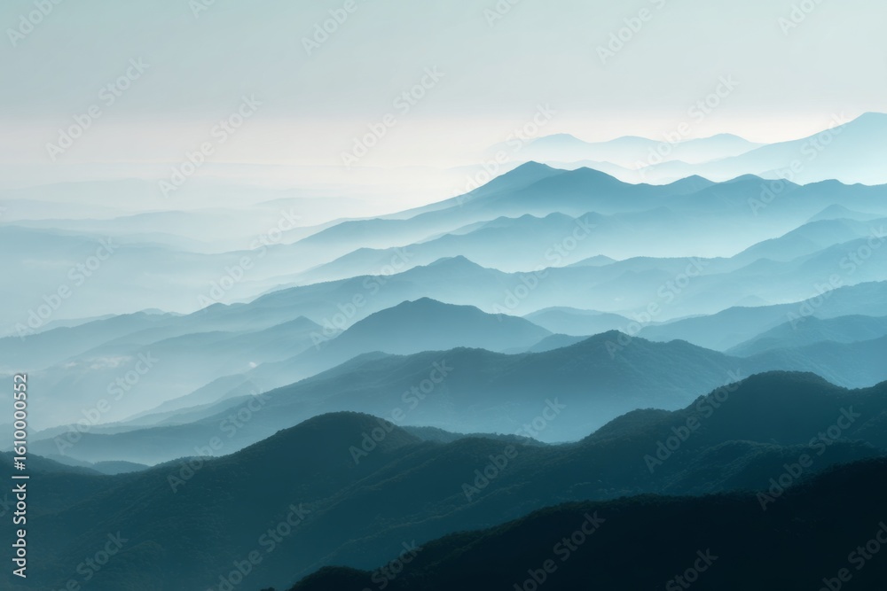 Naklejka premium Misty blue mountain layers under morning fog creating a serene landscape.