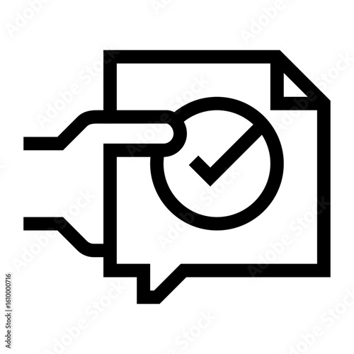 Icono de confirmación de mensaje. Mano sosteniendo un globo de diálogo con forma de hoja; dentro, un símbolo de vista de aprobación. Validación, recepción y aprobación. Ilustración vectorial 