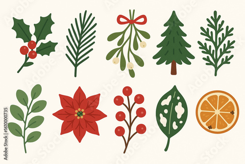 Set of Botanical Christmas Icons in Flat Vector Style