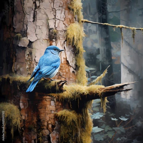 A vibrant bluebird perched on a moss-covered tree branch in the forest