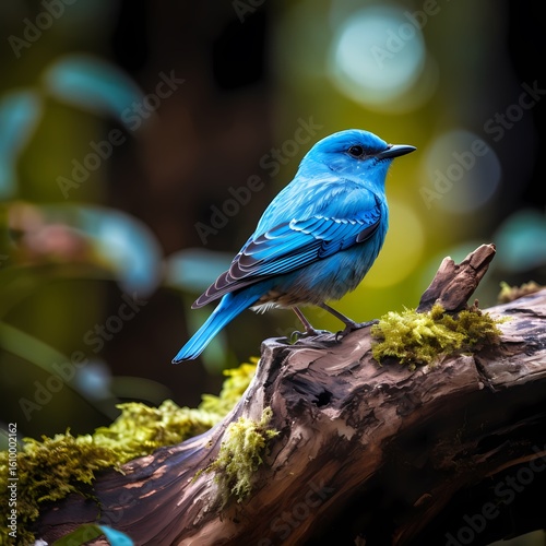 A vibrant blue bird perches gracefully on a mossy branch amidst lush foliage, creating a captivating nature scene.