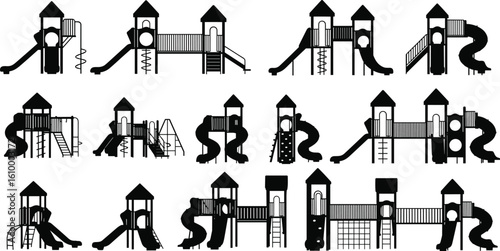 Playground Structure Icon Set — Fifteen Unique Vector Designs with Slides, Towers, Bridges, and Climbing Elements for Park and UI Use