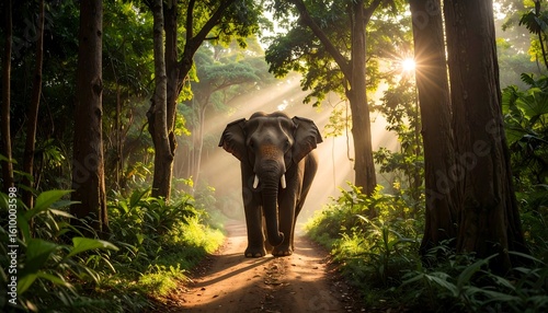Majestic elephant in a sunlit forest path