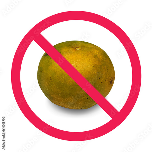 No orange sign, forbidden orange fruit symbol for food allergy warning or diet restriction