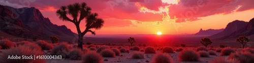 Crimson sun dips below Joshua trees, casting long shadows on arid landscape , red, dust, sun