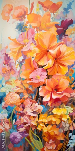 Vibrant bouquet of colorful flowers, including orange, pink, and purple blooms. A stunning floral display painted with watercolor techniques