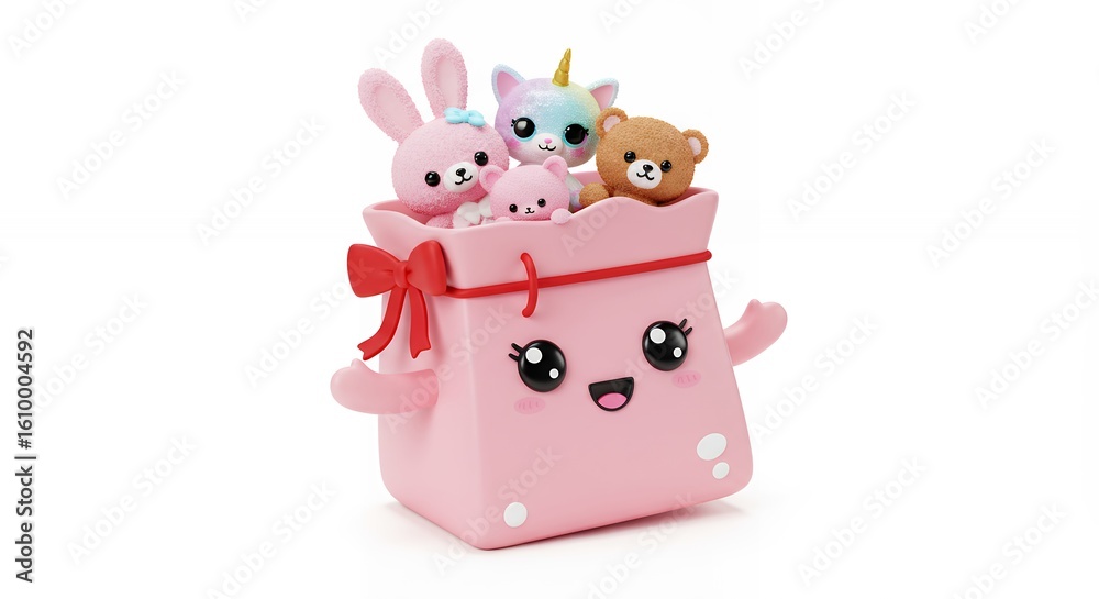 Naklejka premium Pink gift bag filled with cute stuffed animals