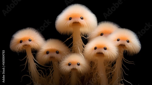 Whimsical anthropomorphic mushrooms with expressive faces gathering together