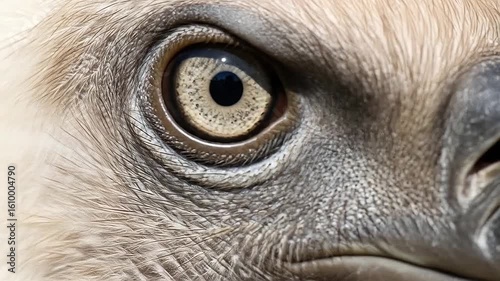 Macro shot of vulture eye in daylight, sharp beak edge visible in frame