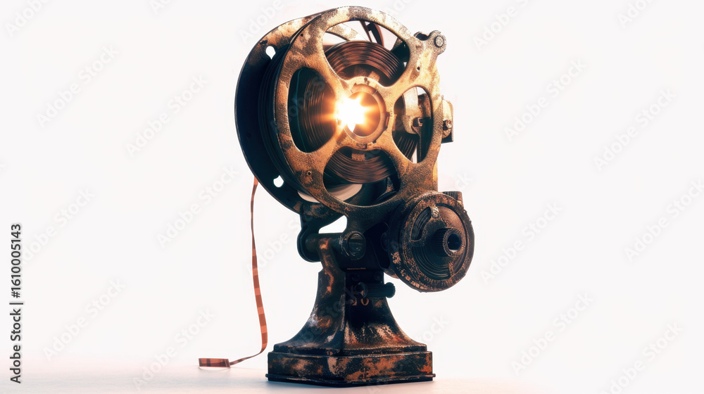 Obraz premium Vintage cinema projector with intricate gears and glowing light source, showcasing blend of nostalgia and craftsmanship. This artistic piece captures essence of classic filmmaking