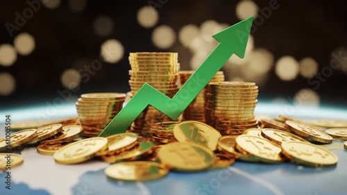 Dynamic green arrow shows rising gold coin stacks symbolizing financial growth and success