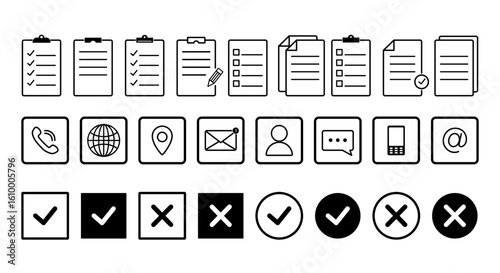 Vector set of minimal black and white icons including documents, checklists, communication symbols, contact icons, checkmarks and crosses. Perfect for UI, web, apps, and infographics.