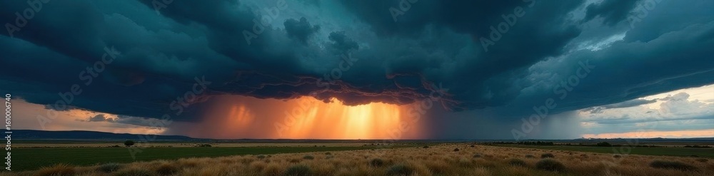 Fototapeta premium Dark storm clouds, swirling vortex over plains, powerful, cloudscape
