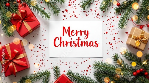 Merry Christmas Greeting Card With Red And Gold Gifts