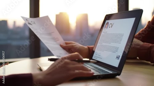 Professional reviewing CV documents on laptop with city skyline at sunset