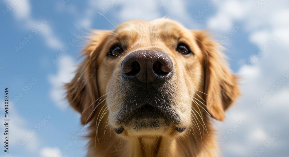 Obraz premium Close-up of a Golden Retriever Dog's Nose and Face with Blue Sky Background.