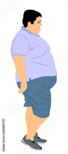 Fat man is worry about health vector illustration isolated. Overweight person walking trouble. Big boy think about food calorie. Sweaty fat boy walk difficult. Giant man. Large male hard move.
