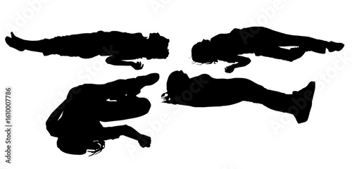 Unconscious woman with injury lying down vector silhouette. Traffic accident car crush patient needs medic help. First aid rescue. Girls needs doctor emergency. Earthquake victim dead family on ground