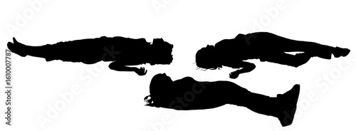 Unconscious woman with injury lying down vector silhouette. Traffic accident car crush patient needs medic help. First aid rescue. Girls needs doctor emergency. Earthquake victim dead family on ground