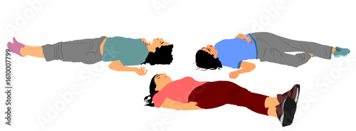 Unconscious woman with injury lying down vector illustration. Traffic accident car crush patient medic help. First aid rescue. Girls needs doctor emergency. Earthquake victim dead family on ground.