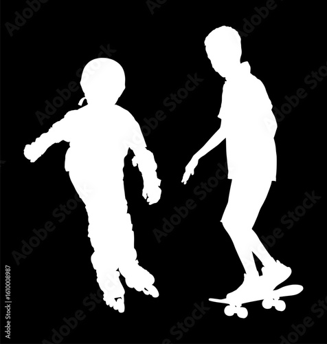 Roller boy and skater friend riding vector silhouette isolated. Children rollerblading helmet. Happy kid enjoy outdoor sport activity. Healthy recreation after school. Skateboard child ride skate.